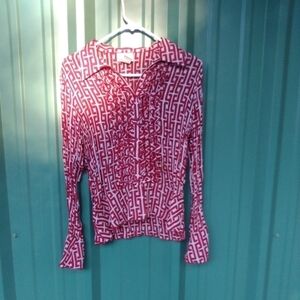 Women's Red & White Long Sleeved Blouse Size Medium Dark Academia
